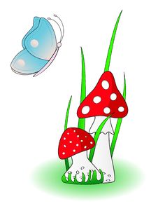 Red Mushroom With Blue Butterfly Royalty Free Stock Photography Red Mushroom With Blue Butterfly Royalty Free Stock Photography