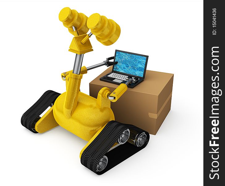 A yellow robot trying to use a laptop computer on top of a cardboard box. A yellow robot trying to use a laptop computer on top of a cardboard box