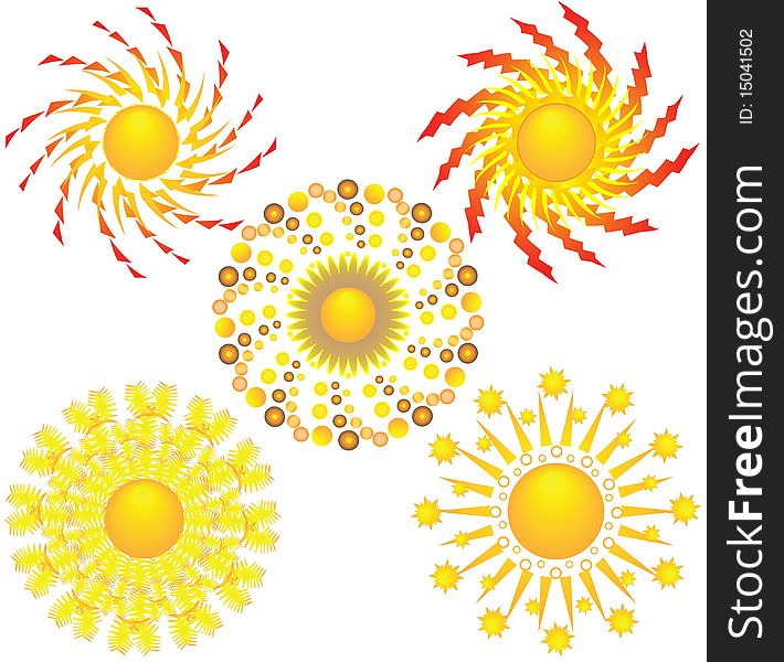 Five icons of sun. Vector illustration.