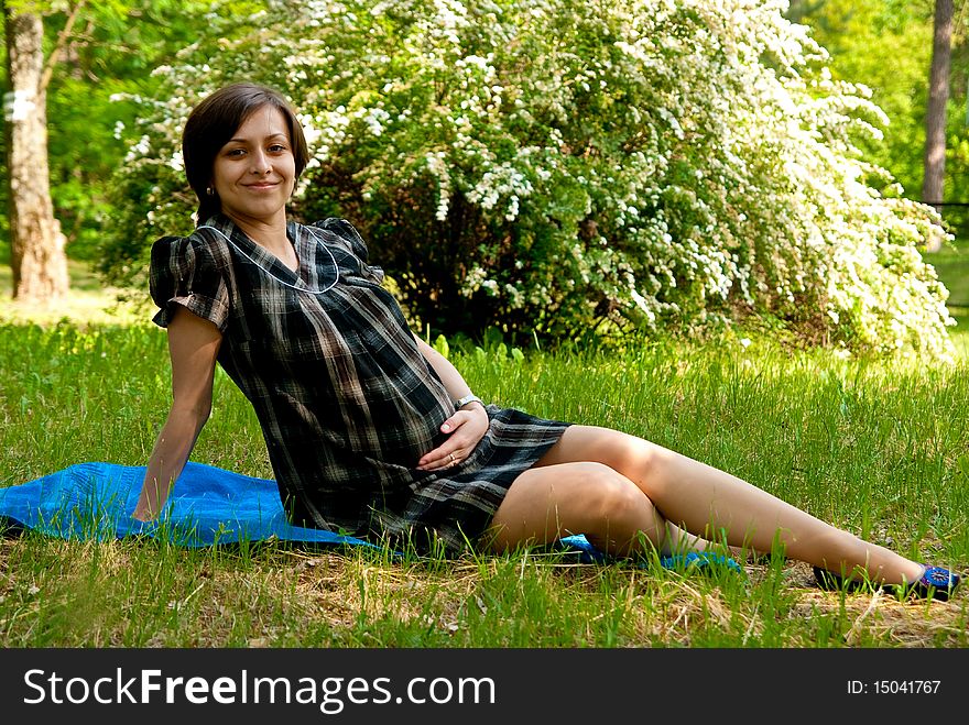 Beautiful smiling pregnant woman relaxing on grass in park. Beautiful smiling pregnant woman relaxing on grass in park.