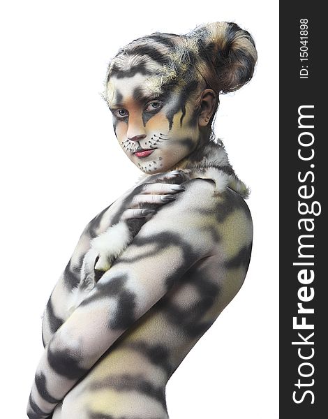 Body-art: White tigress. Studio shot.