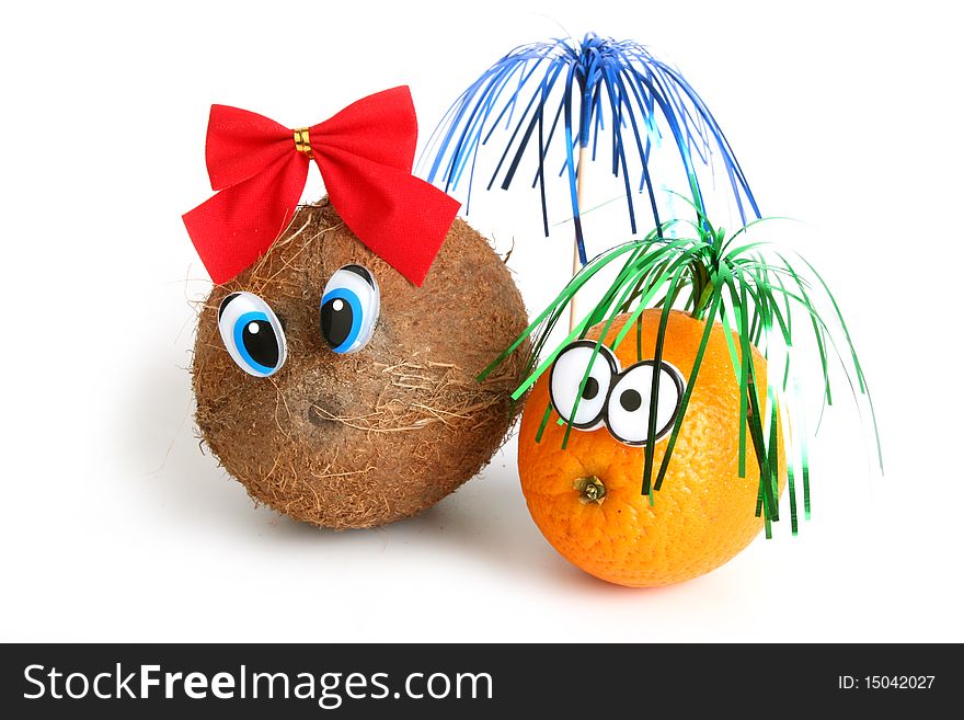 Funny coconut girl and orange boy on white background