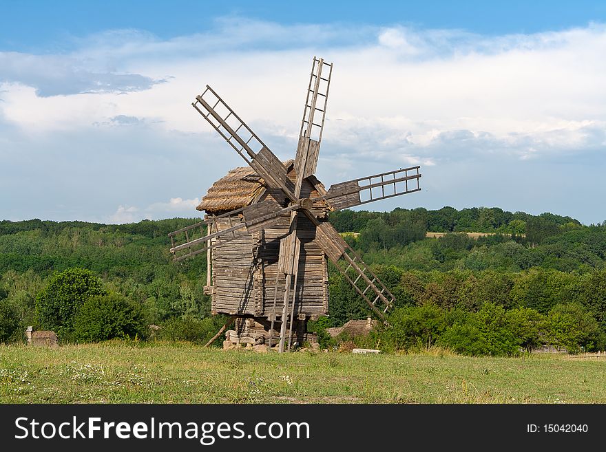 Landscape with one old windmill. Ukraine