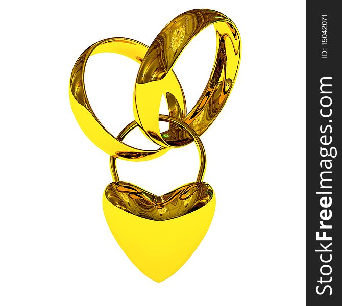 Two gold rings with heart. 3d rendered image