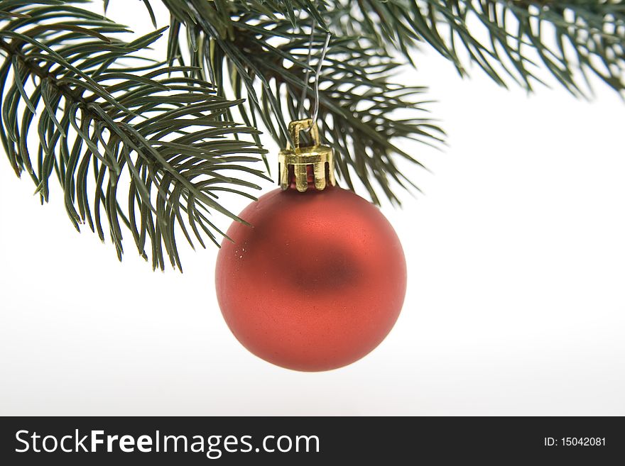 Christian tree ball hangs at the fir branch
