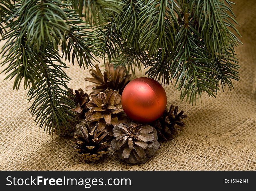 Christmas ball with fir branch and fir cone