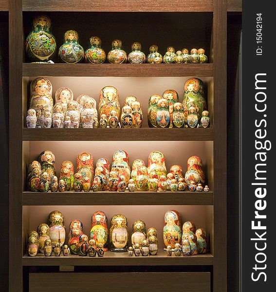 Typical russian doll matrioshka on the shelves