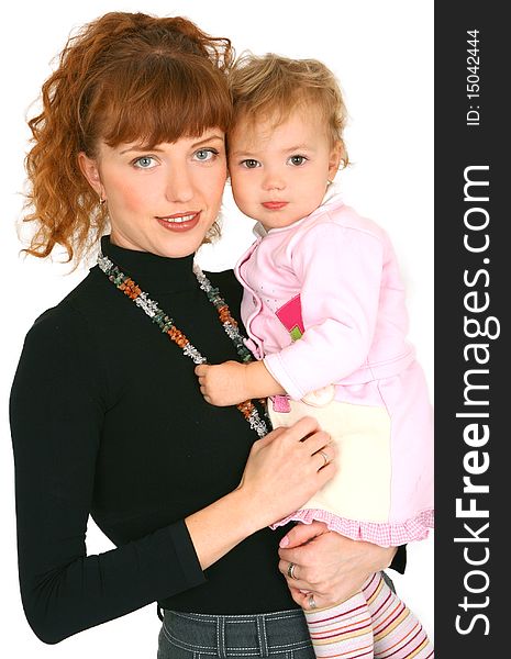 Mother with baby girl on white background