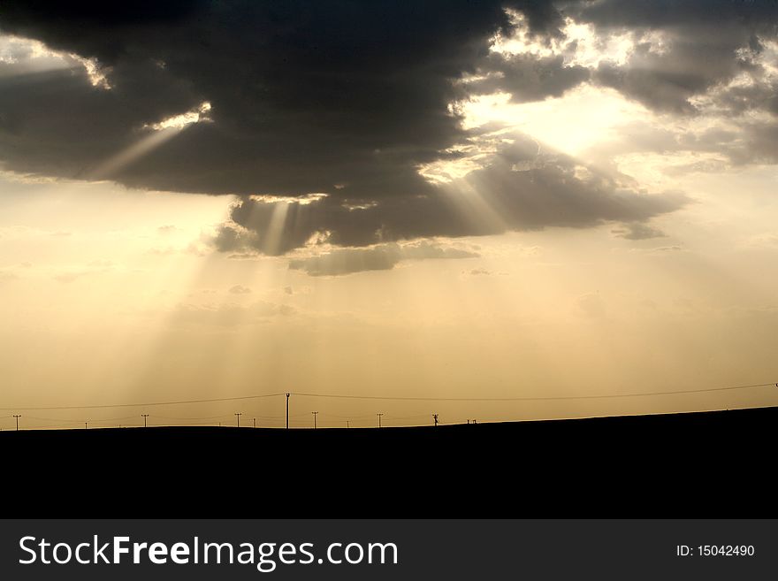 Sunset over field with green grass