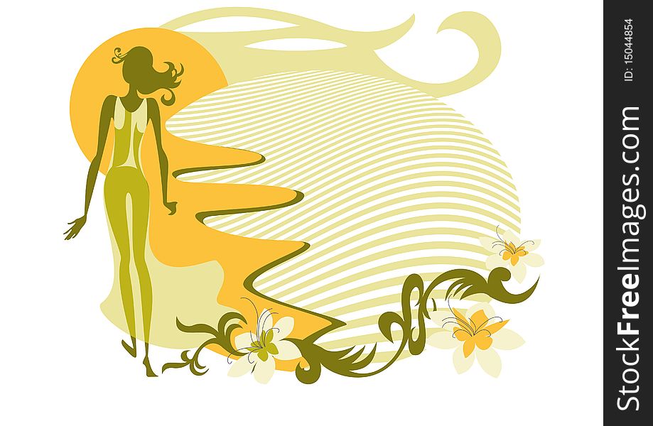 This is the silhouette of a girl in a yellow transparent 
dress. This is the silhouette of a girl in a yellow transparent 
dress