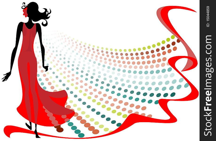 This is the silhouette of a girl in a red transparent 
dress. This is the silhouette of a girl in a red transparent 
dress