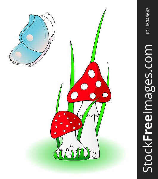 Red mushroom with Blue butterfly on a white background