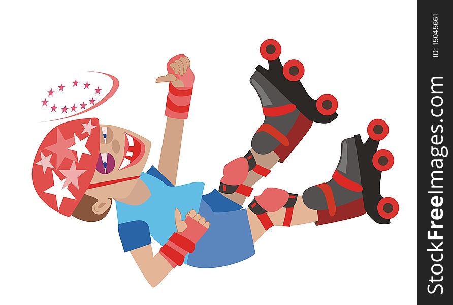 Young boy falls as he learns to rollerblade .Illustration