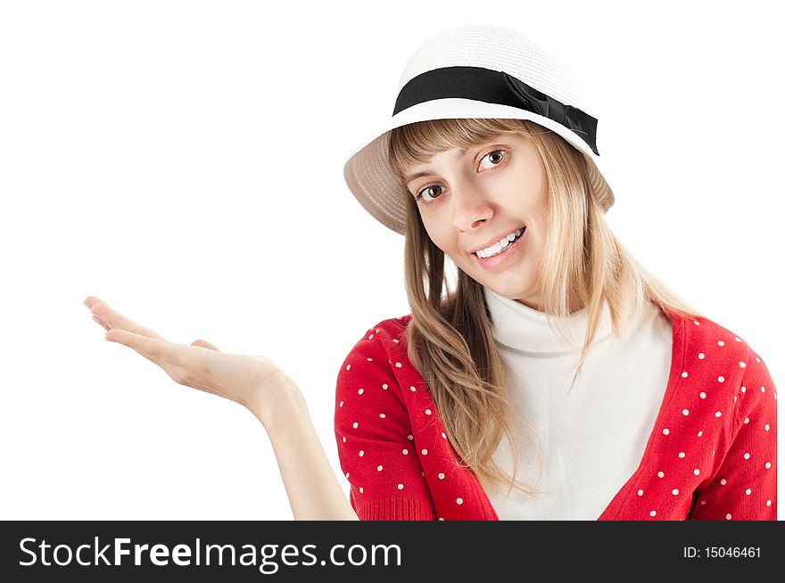 Beautiful young woman in hat isolated on white background holding nothing on palm of her hand. Beautiful young woman in hat isolated on white background holding nothing on palm of her hand