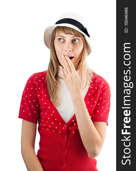 Beautiful surprised young woman in hat isolated on white background. Beautiful surprised young woman in hat isolated on white background