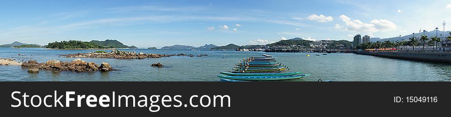 Sai Kung Peer Panoramic with dragon boat. Sai Kung Peer Panoramic with dragon boat