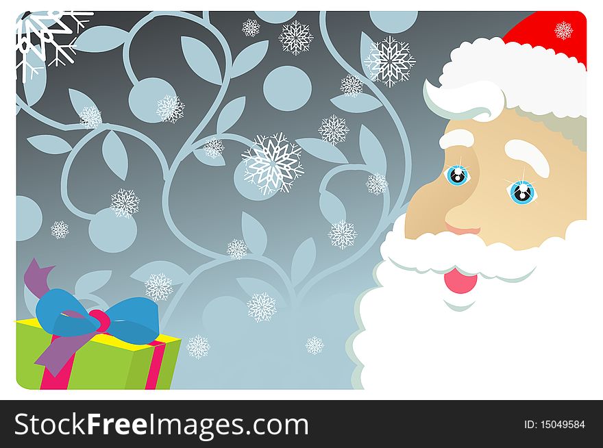 A portrait of a smiling santa clause with snowflakes and gifts. A portrait of a smiling santa clause with snowflakes and gifts.