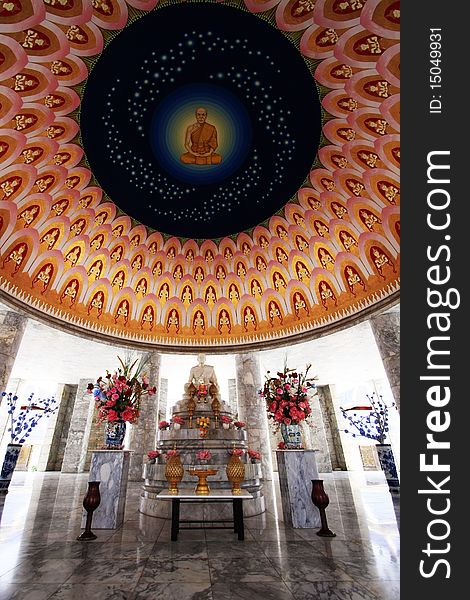 The image of Buddha on ceiling at Puttamonton sai4,Thailand.