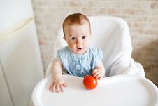Baby Eating Vegetables. Red Tomato In Little Girl Hand In Sunny Kitchen. Healthy Nutrition For Kids. Snack Or Breakfast For Young Stock Image Baby Eating Vegetables. Red Tomato In Little Girl Hand In Sunny Kitchen. Healthy Nutrition For Kids. Snack Or Breakfast For Young Stock Image
