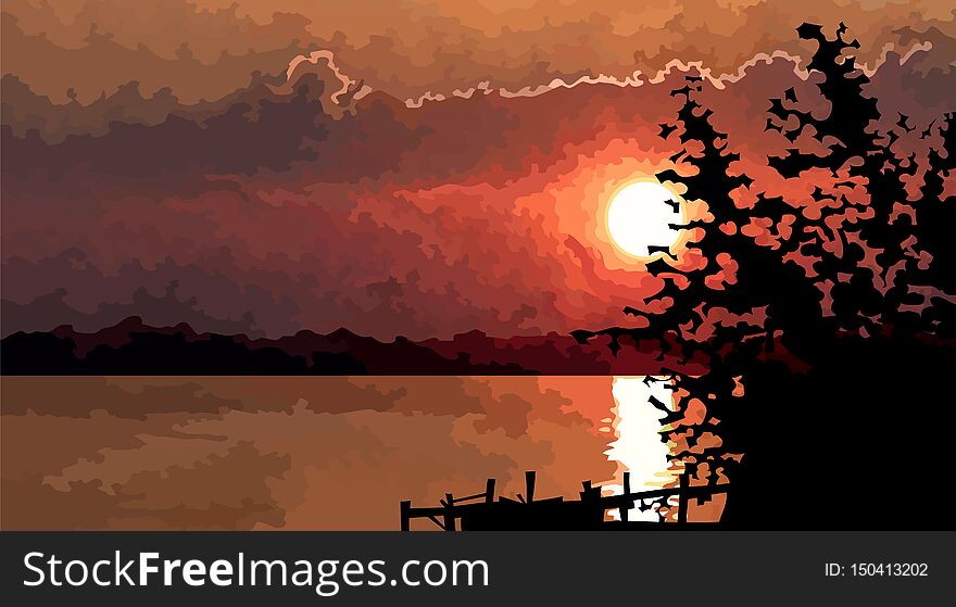 Summer red sunset landscape by the river with pier silhouette