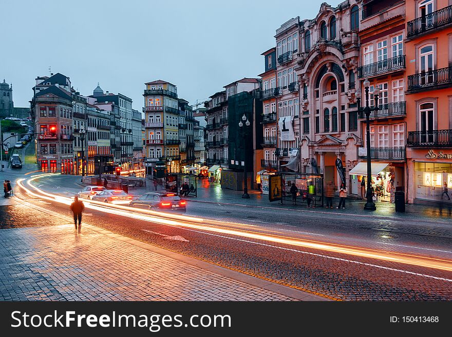 Night city view of Porto with blurred traffic lights taken with slow speed shutter. Night city view of Porto with blurred traffic lights taken with slow speed shutter