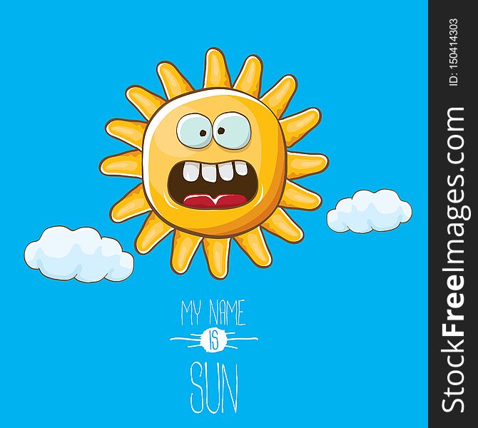 Vector Funky Cartoon Style Summer Sun Character On Blue Sky Background. My Name Is Sun Concept Illustration. Funky Kids