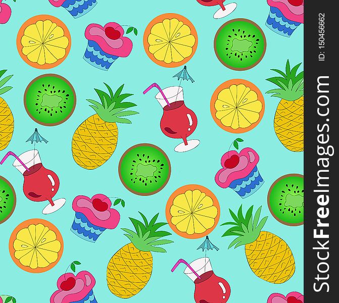 Colorful summer seamless pattern with  fruits, cocktails ,cakes. Vector illustration. Bright template for print. Colorful summer seamless pattern with  fruits, cocktails ,cakes. Vector illustration. Bright template for print.