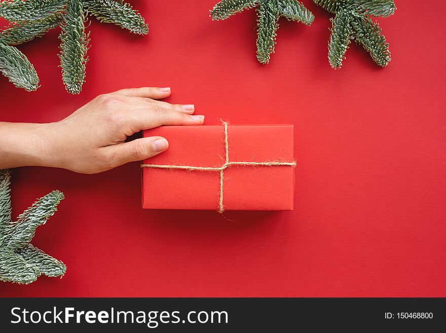 Christmas composition.  Background with gift box and decorations.  Copy space.  Holiday concept.