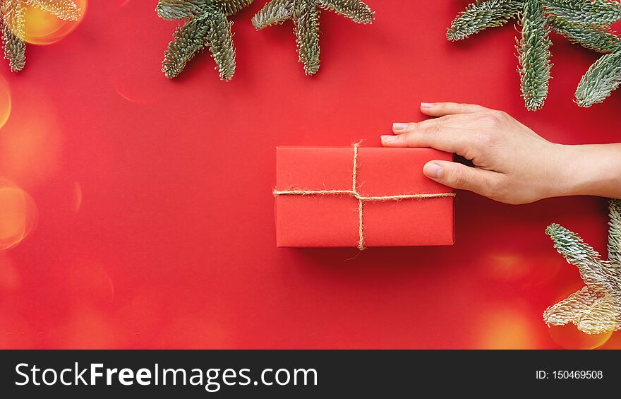 Christmas composition.  Background with gift box and decorations.  Copy space.  Holiday concept.