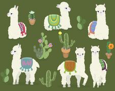 A Collection Of Cute Alpacas And Cacti. Vector Set Royalty Free Stock Photo