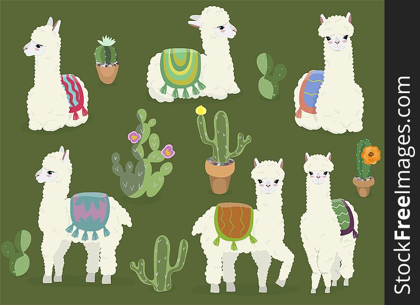 A Collection Of Cute Alpacas And Cacti. Vector Set