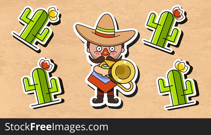 Mexican Musician Vector Illustration With Men Native Clothes And Sombrero Flat Vector Illustration