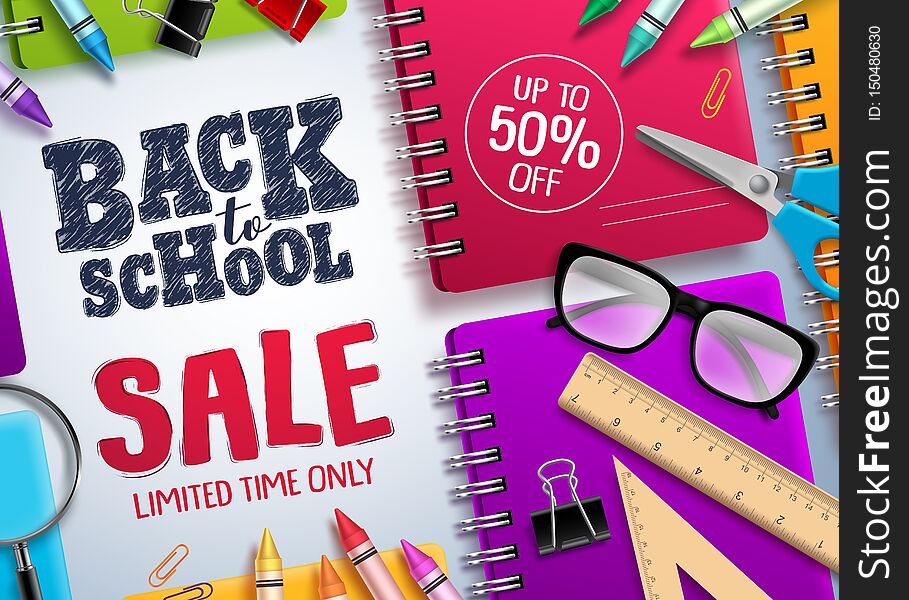 Back to school sale vector banner. Back to school and discount text in white space with colorful school supplies for educational promotion. Vector illustration.