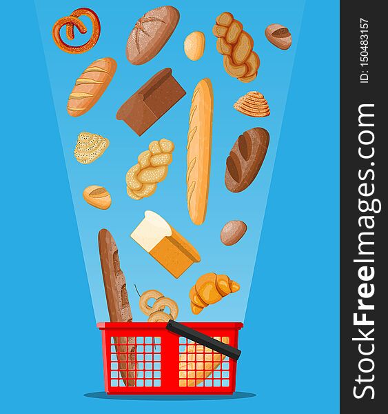 Bread Icons And Shopping Basket.