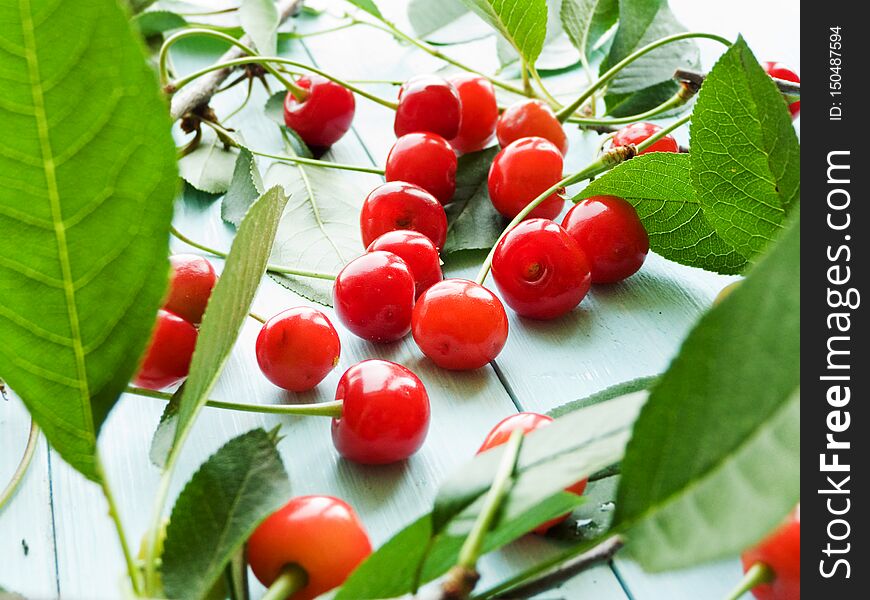 Cherries with leaves on wooden background. Shallow dof. Cherries with leaves on wooden background. Shallow dof