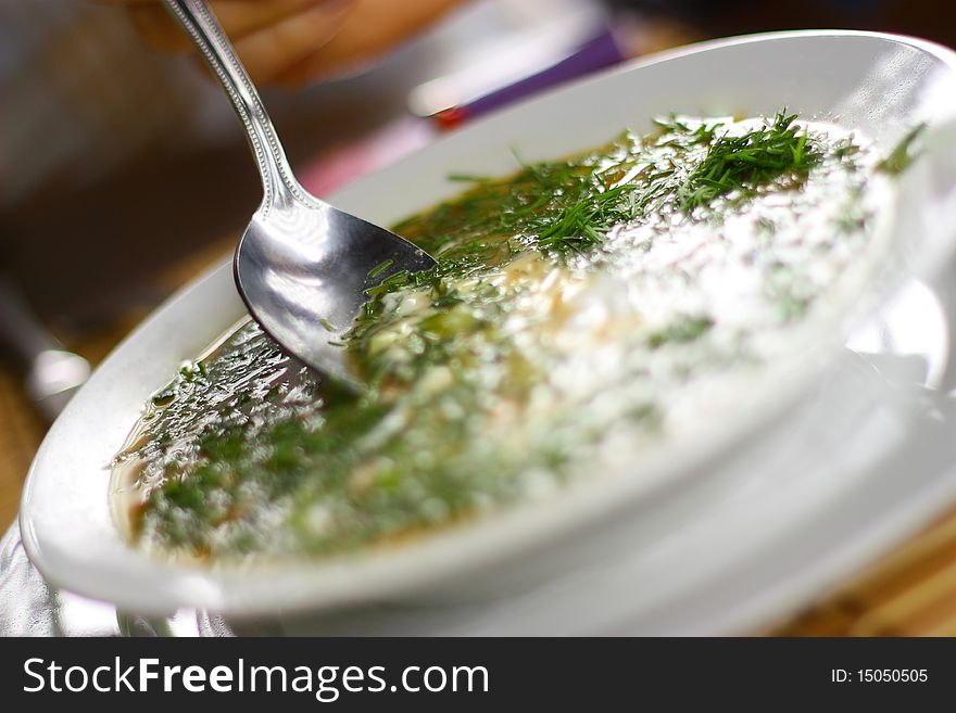 Delicious soup with aneth, sour creme and vegetables.