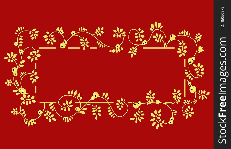 Golden frame with floral elements and berries on red background