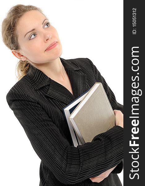 Young woman with  book, thinks on a white background