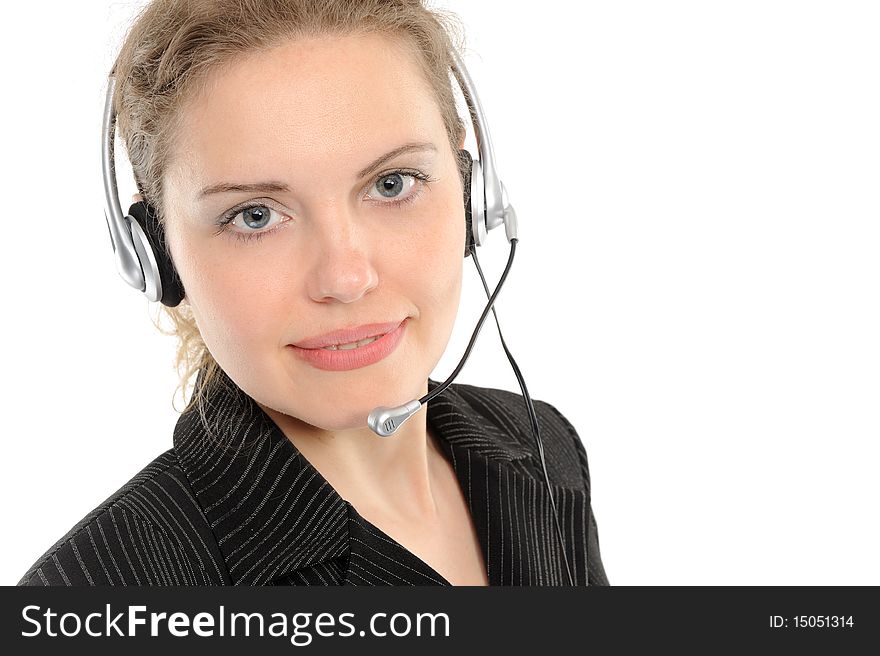 Young female customer service representative in headset, smiling  on a white background