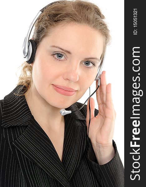 Young female customer service representative in headset, smiling  on a white background