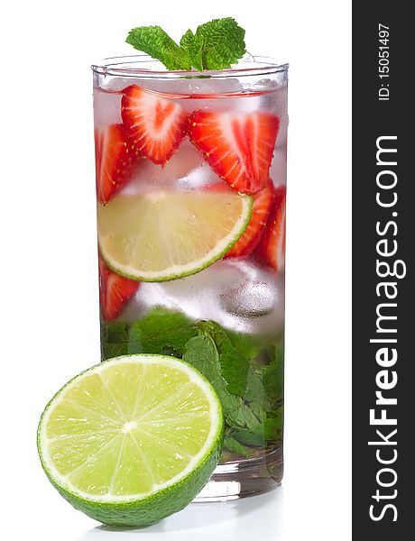 Cocktail with lime, strawberry and mint on white background