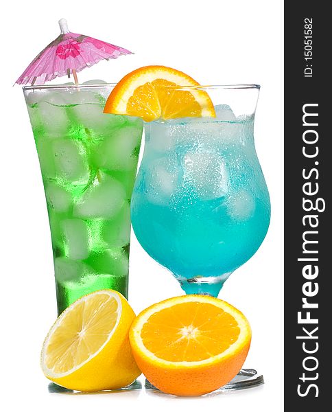 Cocktails with fruits on white background