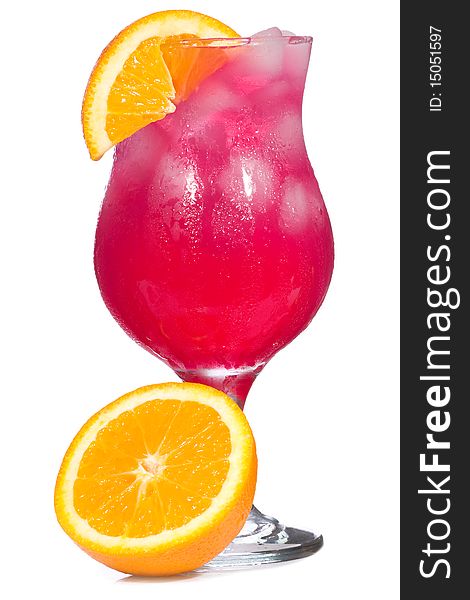Red alcohol cocktail with orange slice on white background. Red alcohol cocktail with orange slice on white background