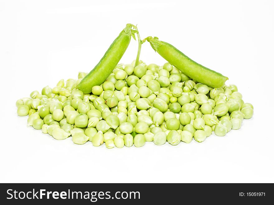 Green pea with pods isolated on a white background