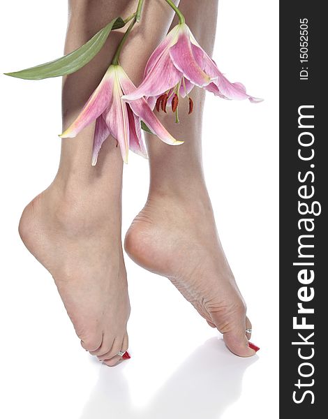 Woman  feet legs and flowers over white