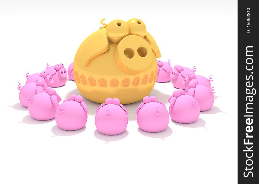 A group of pigs worshiping a large golden pig. A group of pigs worshiping a large golden pig