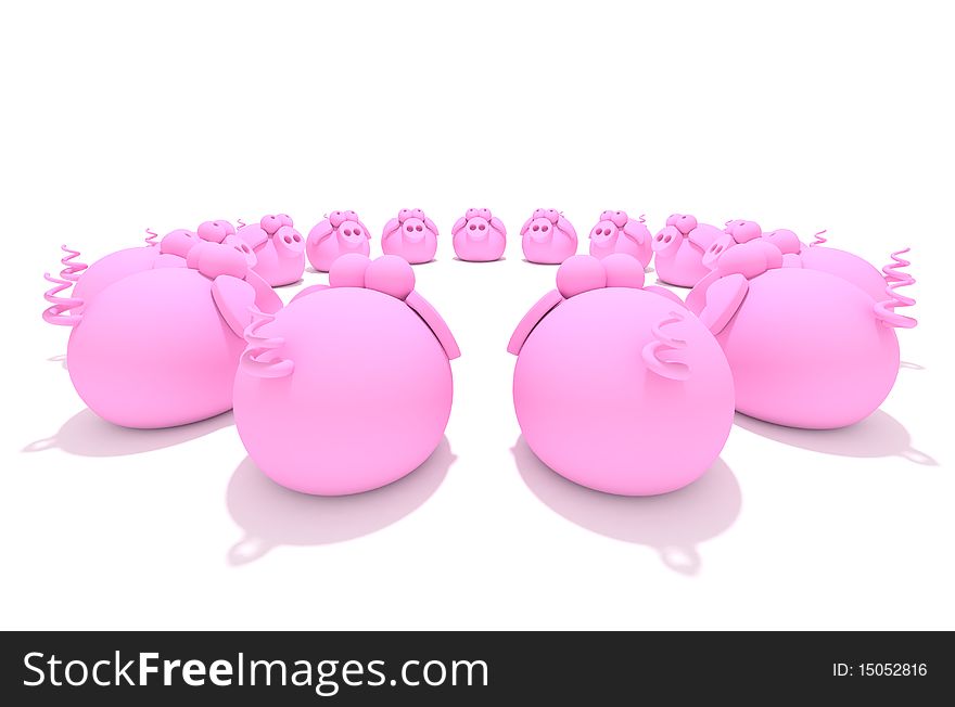 A circle of pink pigs at eye level. A circle of pink pigs at eye level