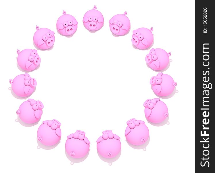 A circle of pink pigs. A circle of pink pigs