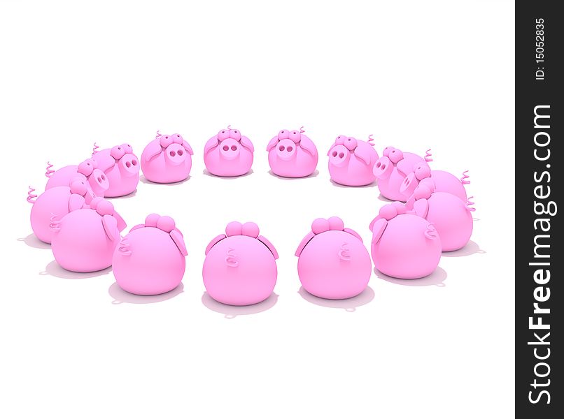 A circle of pink pigs. A circle of pink pigs