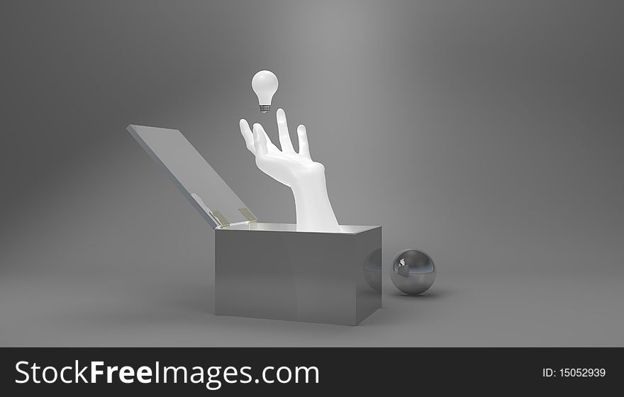 An illuminated hand in a box with a light bulb reaching for ideas. An illuminated hand in a box with a light bulb reaching for ideas.